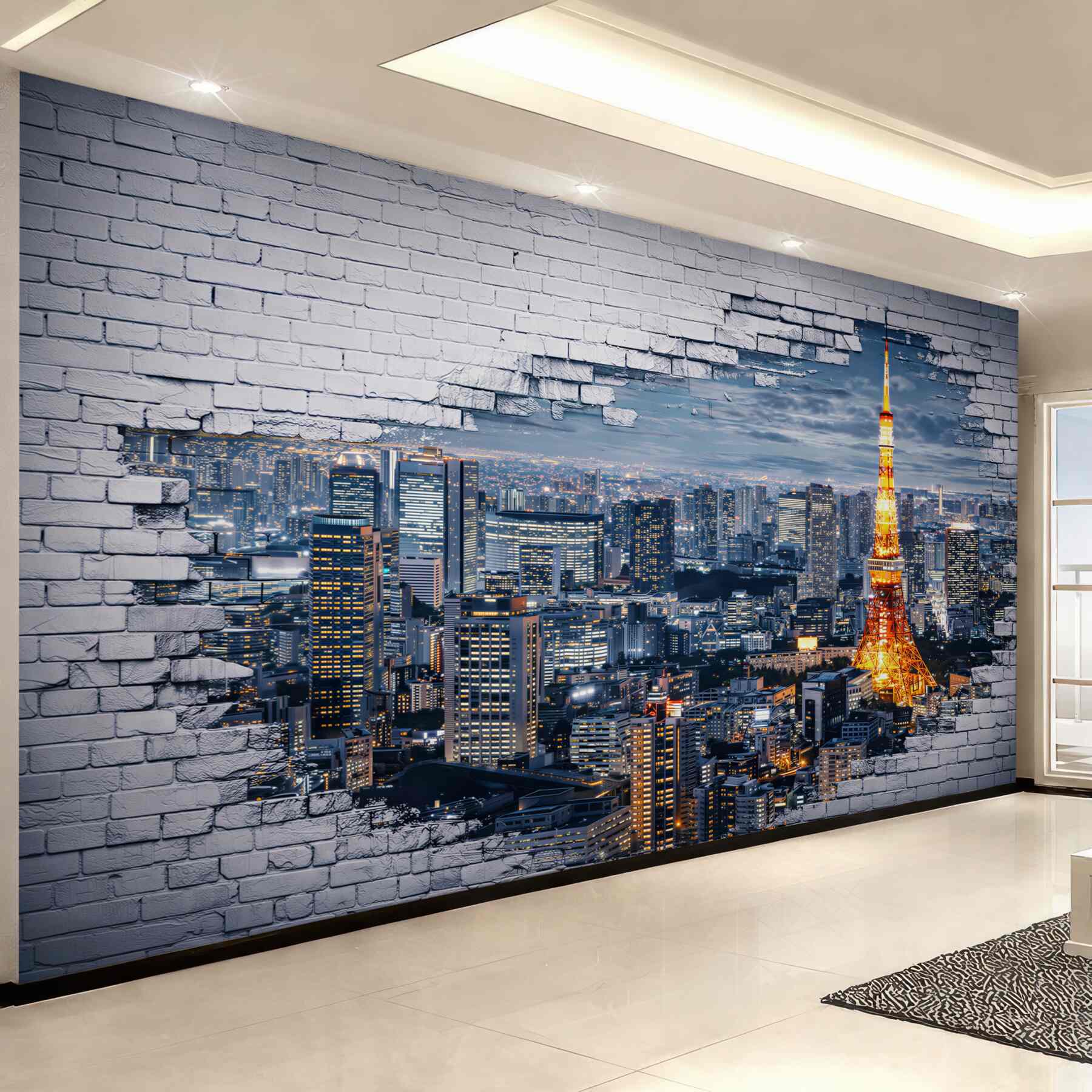 Fototapeta panorama Tokio nocą z wieżą i efektem białej cegły