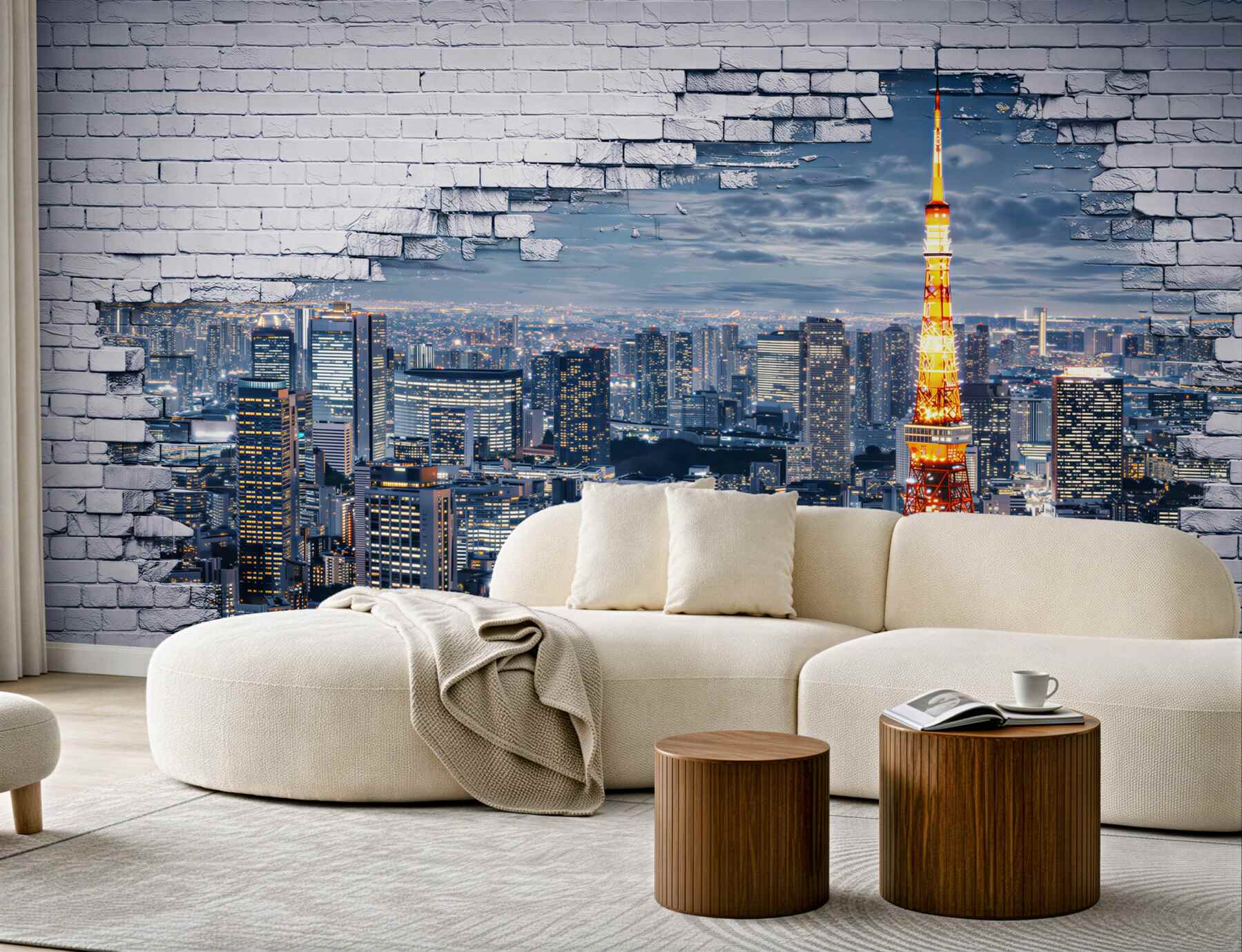 Fototapeta panorama Tokio nocą z wieżą i efektem białej cegły