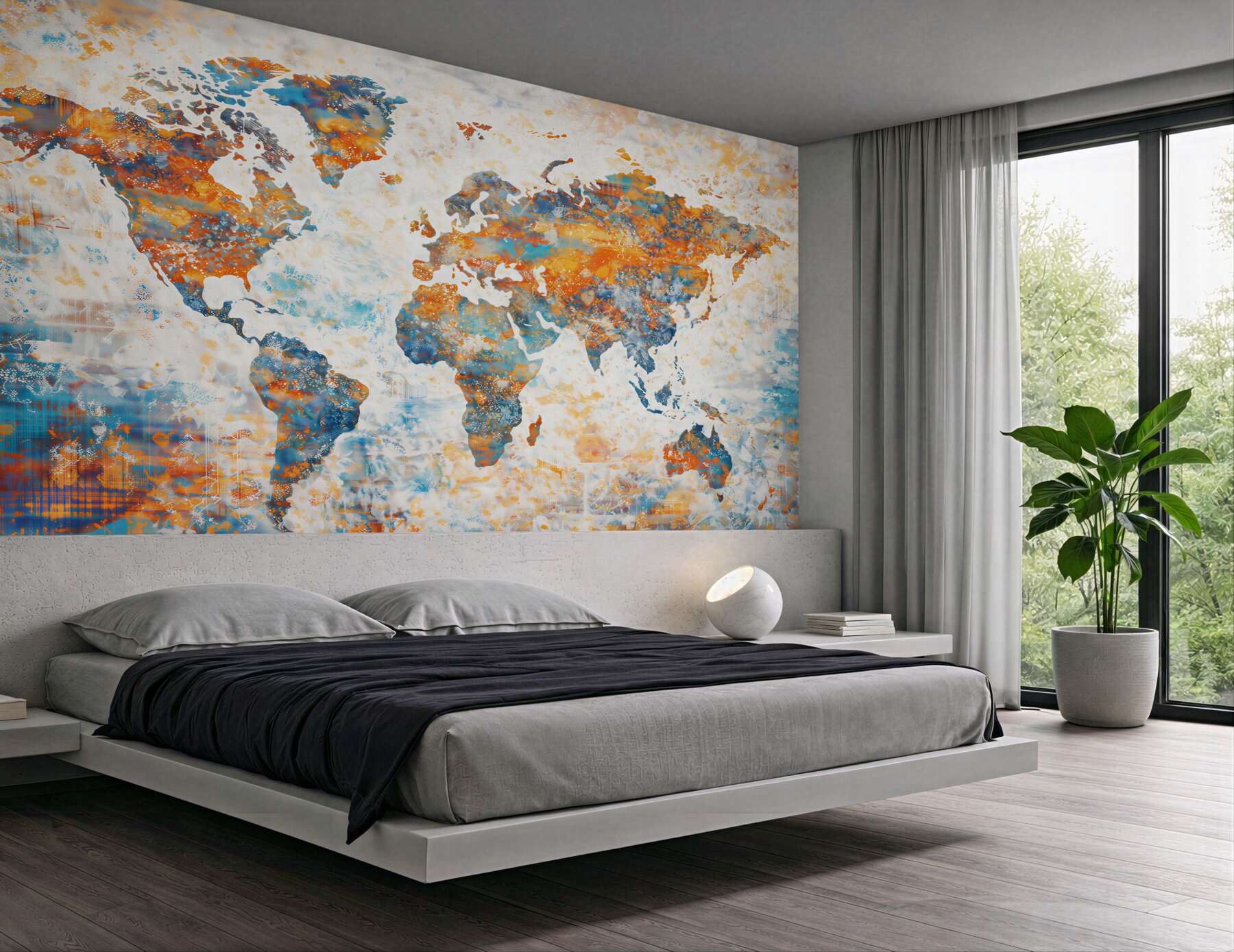 Fototapeta mapa świata niebiesko pomarańczowa nowoczesna do biura i salonu