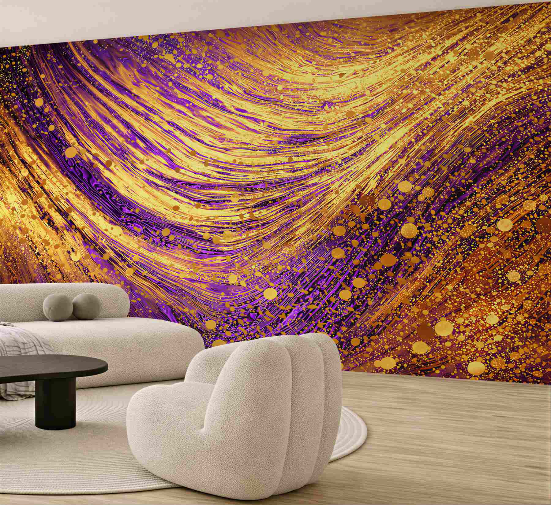 Fototapeta abstrakcja złoto fioletowa z płynnymi liniami glamour