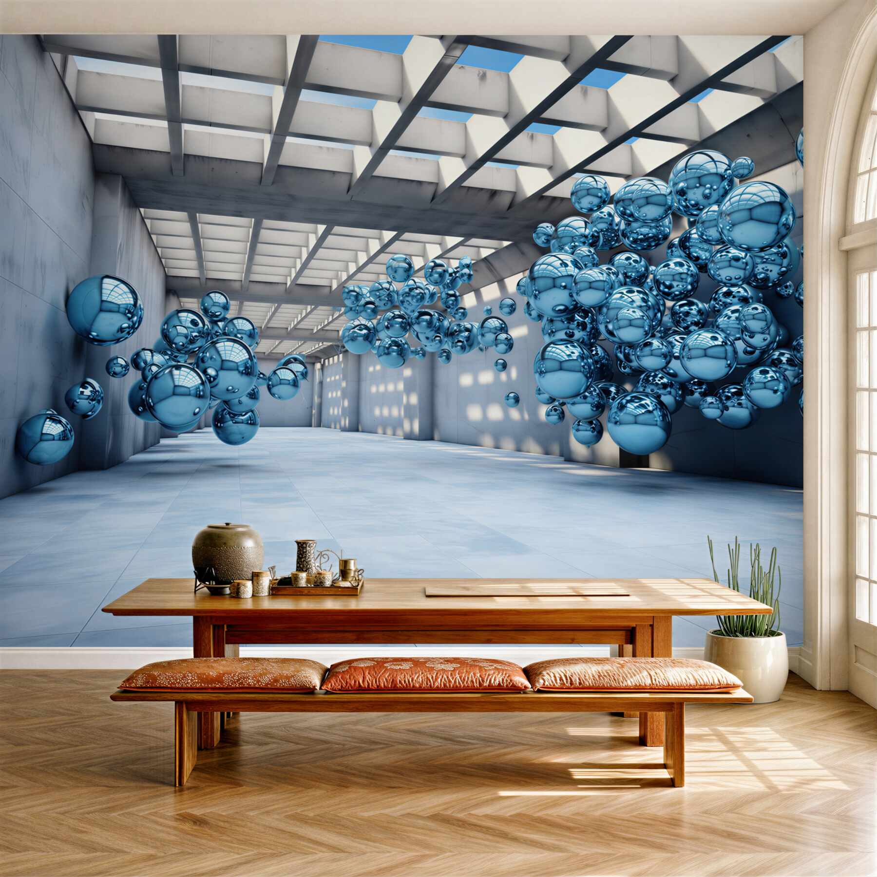 Fototapeta futurystyczne niebieskie kule w nowoczesnym wnętrzu 3D