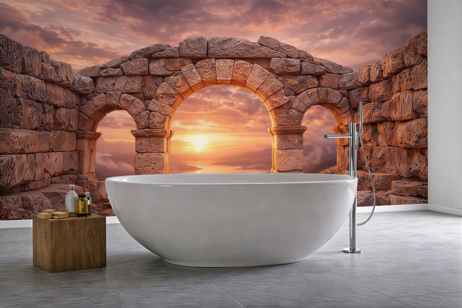 Fototapeta kamienne arkady o zachodzie słońca romantyczny widok na góry
