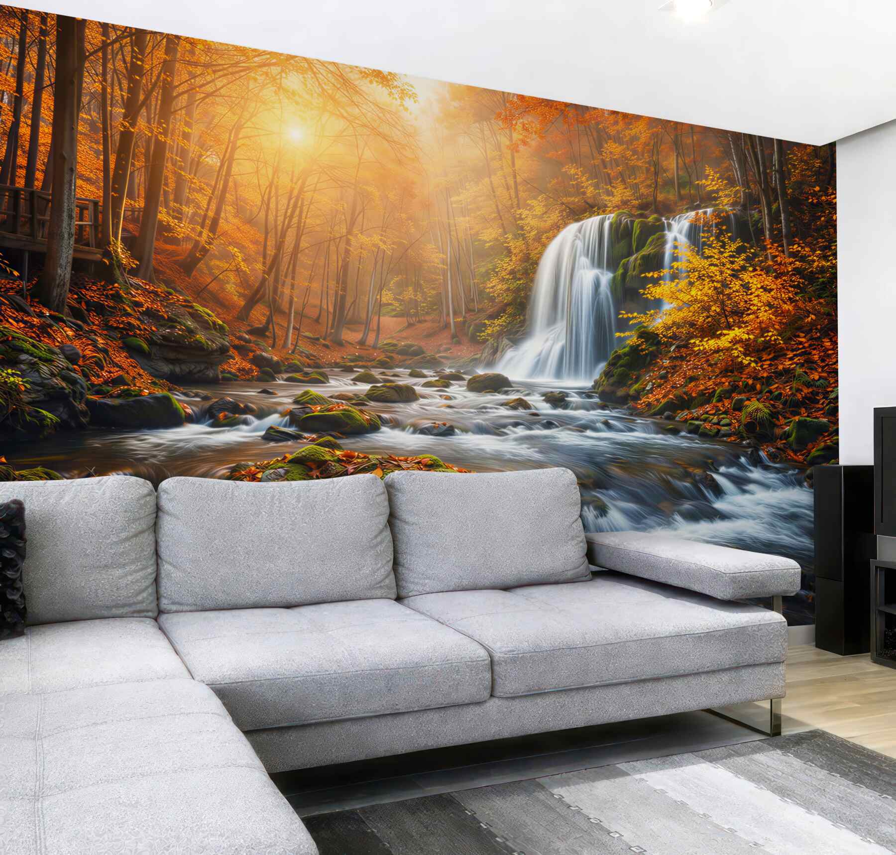 Fototapeta leśny wodospad jesienny oświetlony słońcem relaksujący