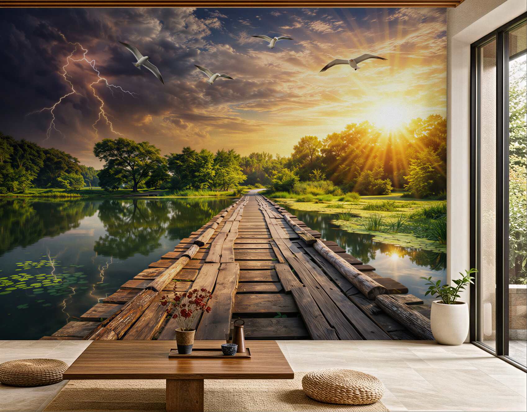 Fototapeta drewniany pomost nad jeziorem z zachodem słońca