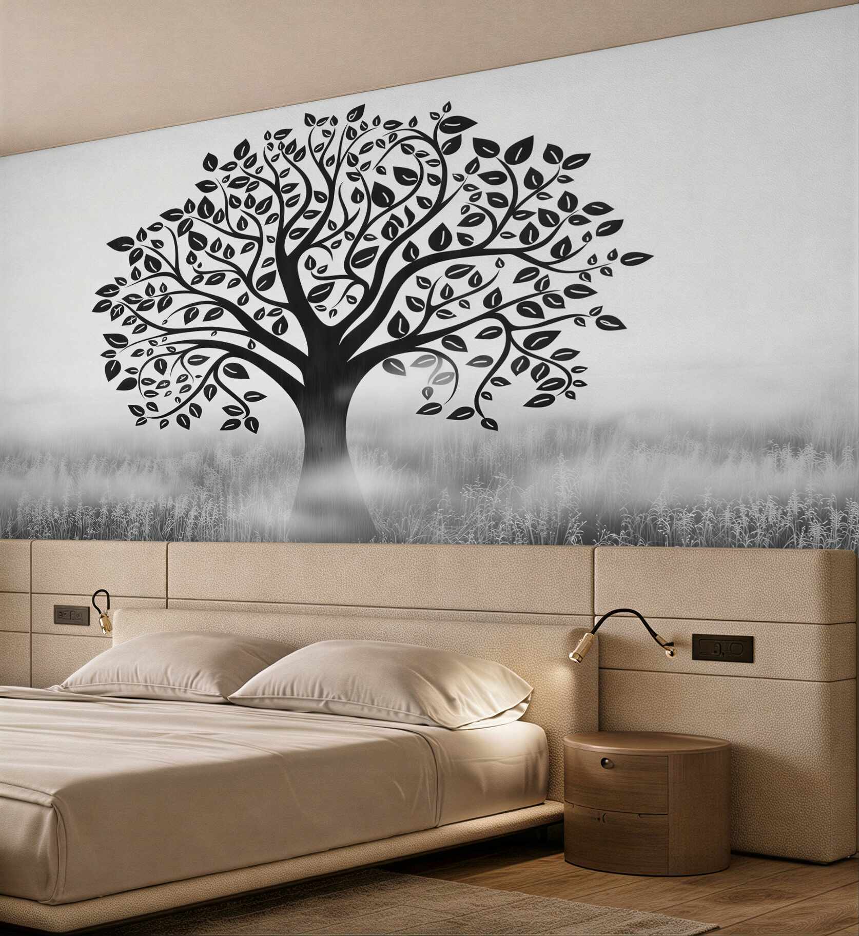 Fototapeta drzewo czarno białe na tle mgły nowoczesna minimalistyczna