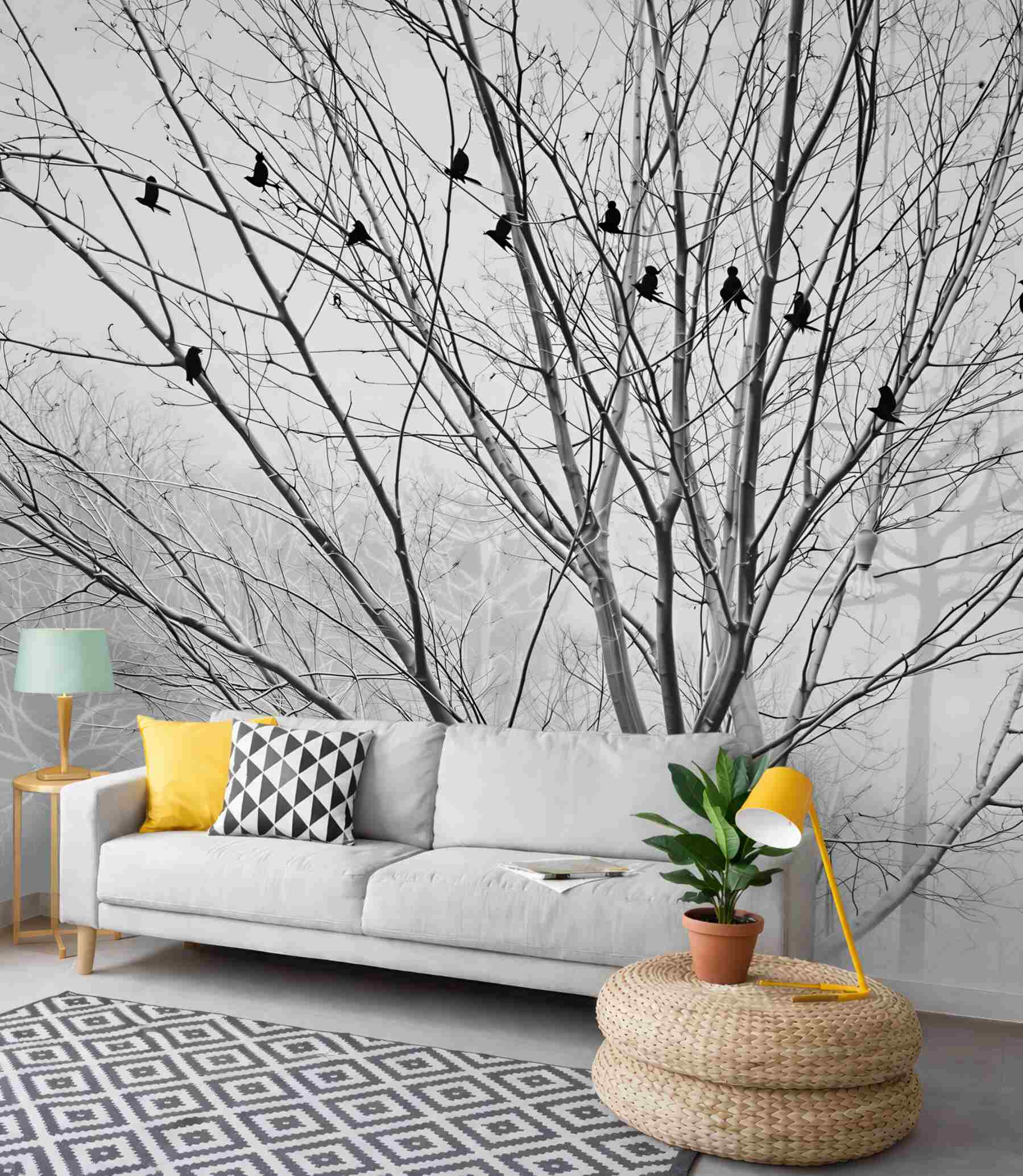 Fototapeta ptaki na gałęziach drzewa we mgle czarno-biała
