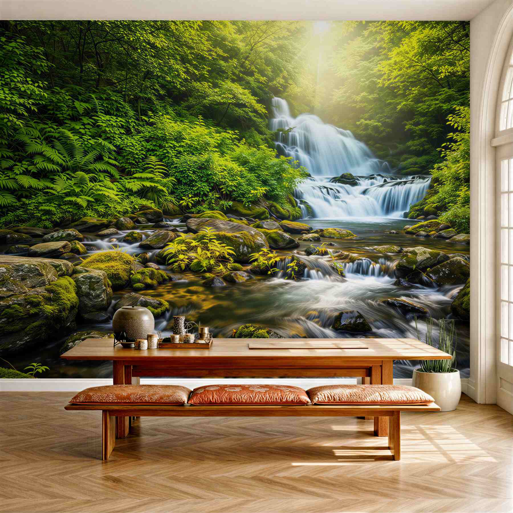 Fototapeta wodospad w zielonym lesie z górskim strumieniem
