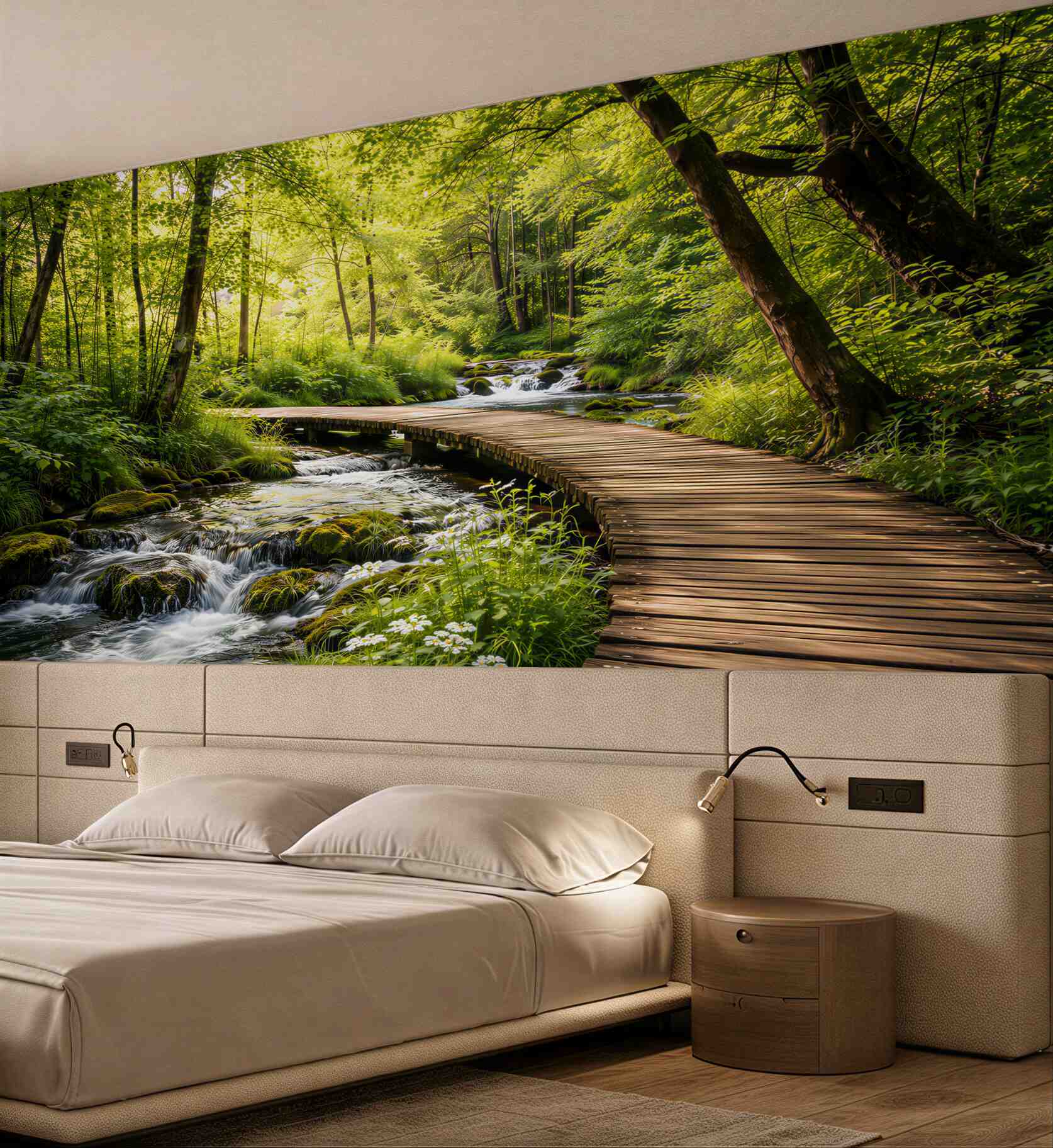 Fototapeta leśny strumień z drewnianą ścieżką zielony naturalny krajobraz