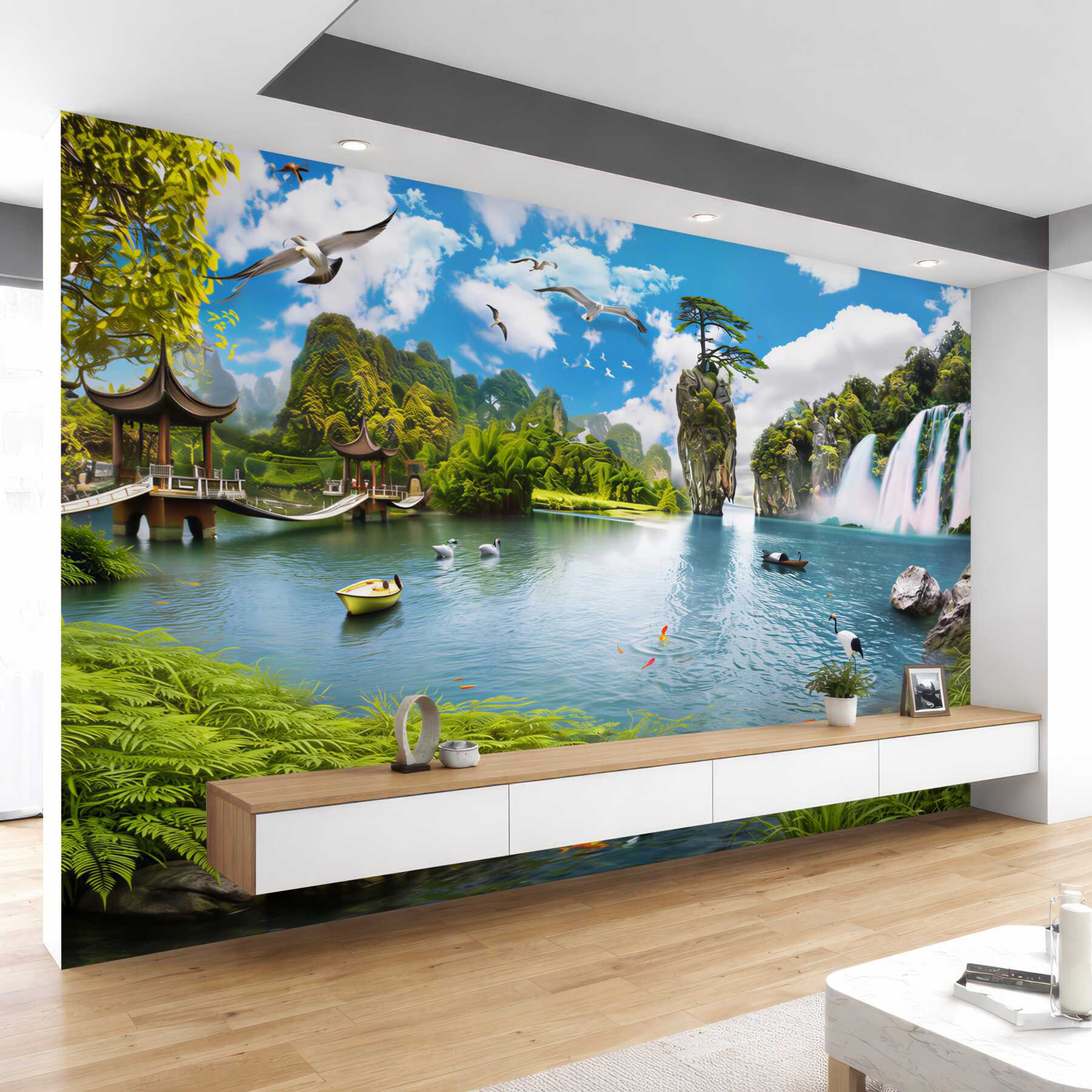 Fototapeta egzotyczna laguna z wodospadami i pawilonami w orientalnym stylu