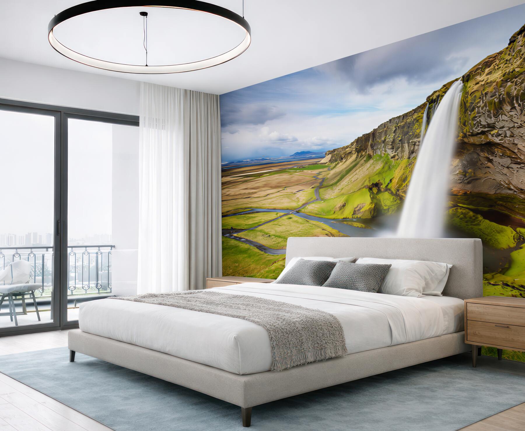 Fototapeta wodospad na zielonych klifach z panoramicznym widokiem natury