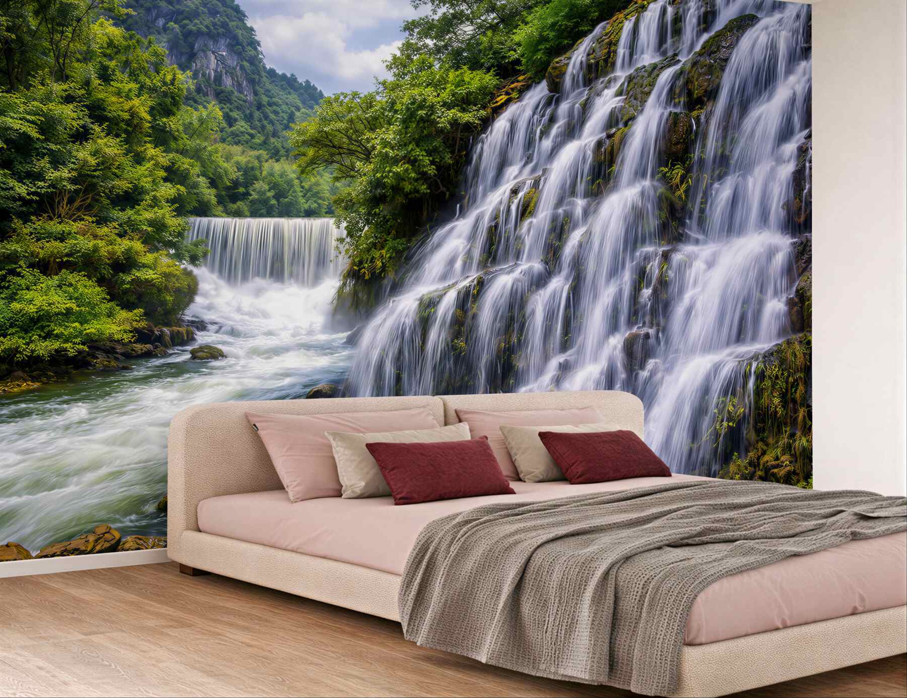 Fototapeta kaskadowy wodospad wśród zielonych gór relaksujący krajobraz